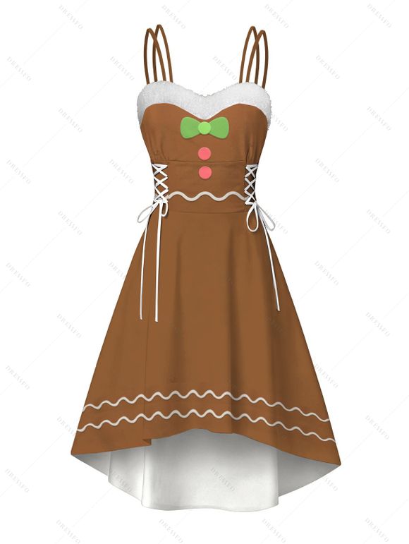 Robe de Noël à nœud papillon, imprimé 3D ondulé, fausse fourrure, asymétrique - café XXL | US 14