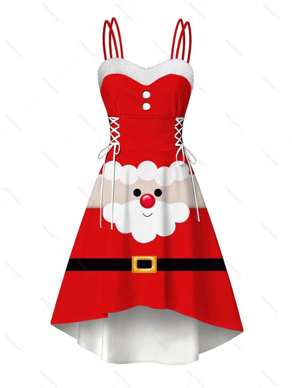 Robe de Noël Père Noël imprimée 3D en fausse fourrure, robe asymétrique - Rouge XXL | US 14