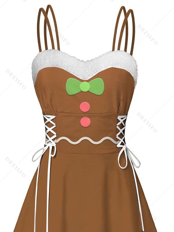 Robe de Noël à nœud papillon, imprimé 3D ondulé, fausse fourrure, asymétrique - café XXL | US 14