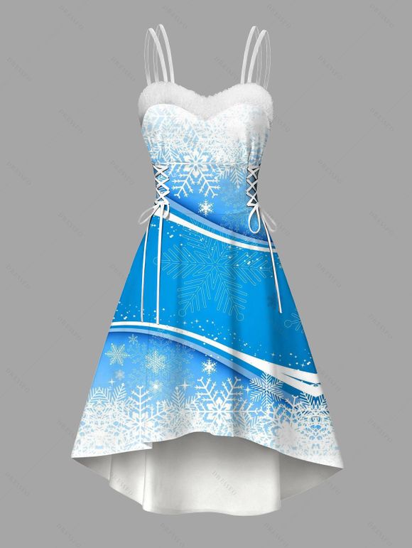 Robe de Noël à imprimé flocons de neige ombré, en fausse fourrure, asymétrique - Bleu clair XXL | US 14