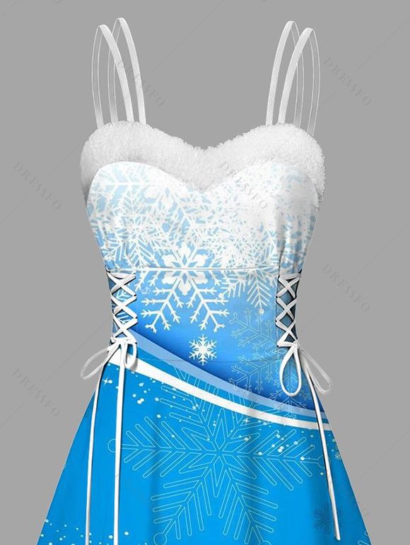 Robe de Noël à imprimé flocons de neige ombré, en fausse fourrure, asymétrique - Bleu clair XXL | US 14