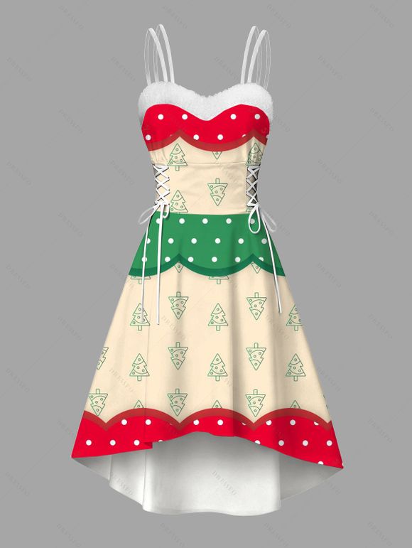 Robe de fête à pois et imprimé sapin de Noël colorblock, en fausse fourrure, asymétrique - multicolor XXL | US 14