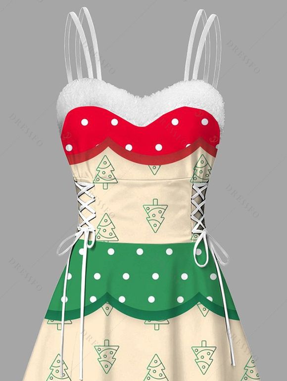 Robe de fête à pois et imprimé sapin de Noël colorblock, en fausse fourrure, asymétrique - multicolor XXL | US 14