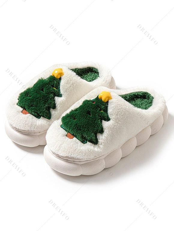 Christmas Tree Print Faux Fur Thick Platform Colorblock Slippers - Blanc EU (36-37)