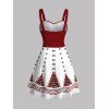 Robe de fête à imprimé sapin de Noël et flocons de neige colorblock avec ceinture - Rouge Vineux XXXXXL | US 20