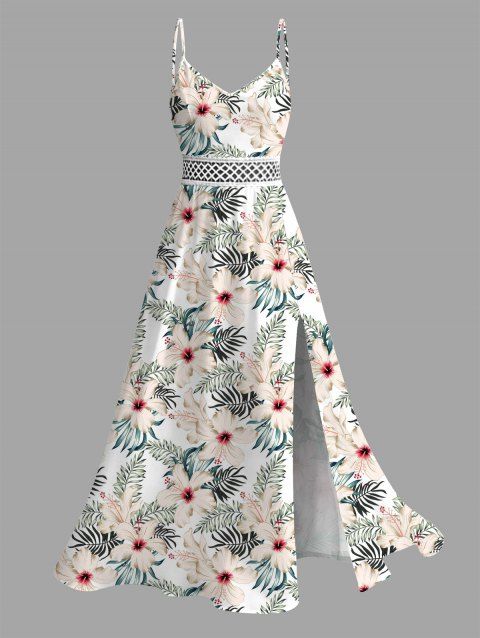 Robe de vacances fendue, imprimé floral hibiscus, robe midi ajourée