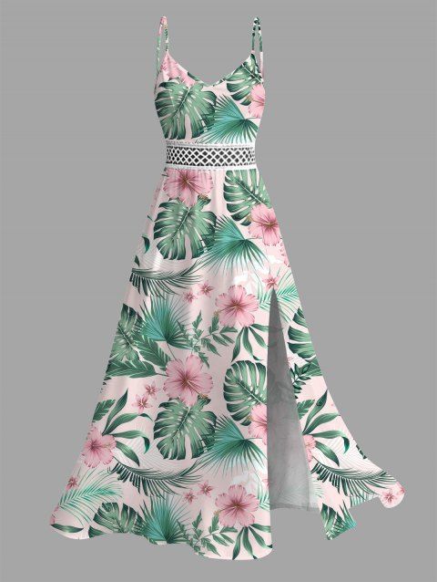 Robe de vacances imprimée de fleurs d'hibiscus et de feuilles, fendue et ajourée