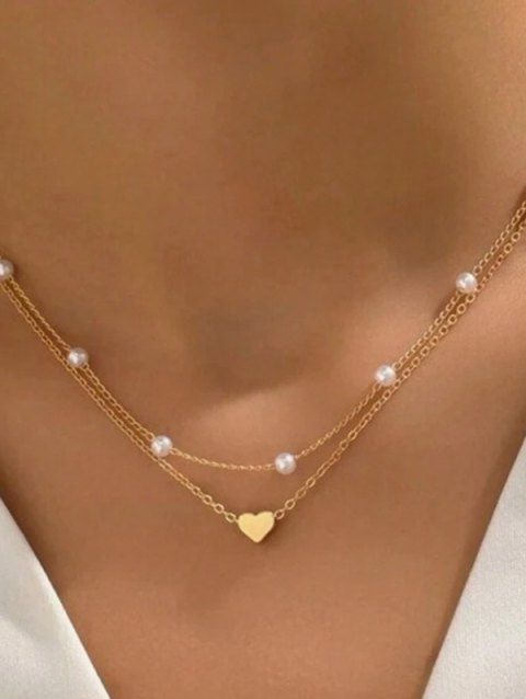 Ensemble de 2 colliers superposés avec pendentif cœur en fausse perle et collier rétro