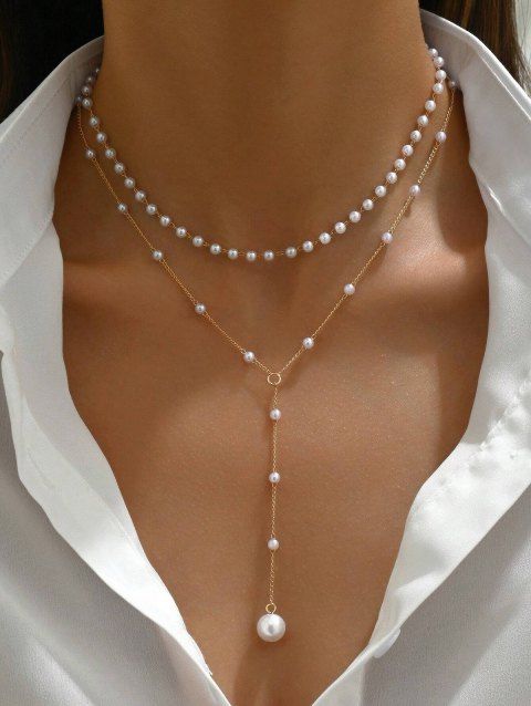 Collier élégant en fausses perles, forme en Y, à plusieurs rangs