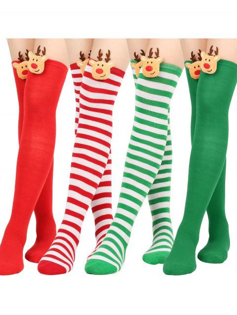 4 paires de bas de Noël à rayures avec motif d'élan, longueur genou