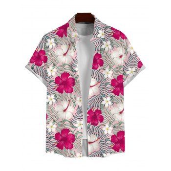 Vacation Couple Outfit Leaf Hibiscus Floral Print Slit Dress and Shirt Set