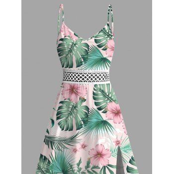 Vacation Dress Hibiscus Flower Leaf Print Hollow Out Slit Dress