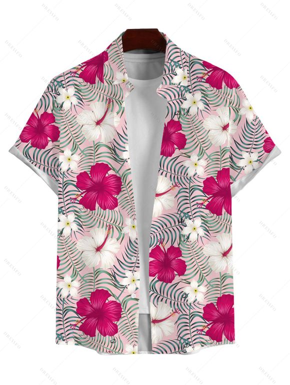 Chemise de vacances pour homme, imprimé floral d'hibiscus, boutonnée - Rose Vif 5XL