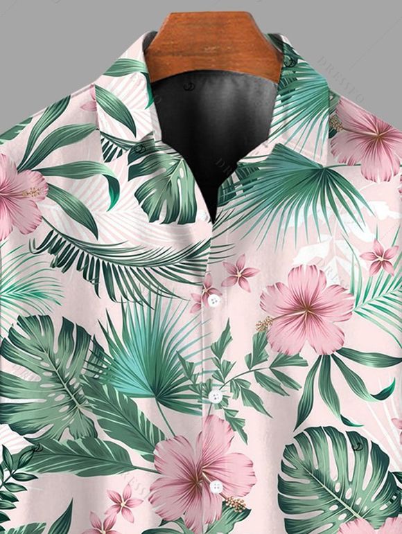 Chemise de vacances pour homme, imprimé intégral de fleurs d'hibiscus, à boutons - Rose 5XL