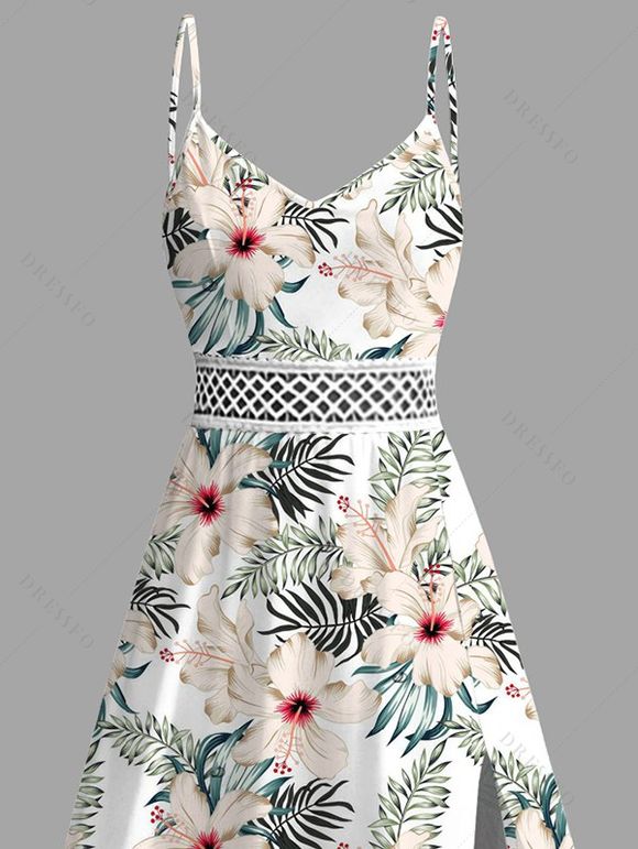 Robe de vacances fendue, imprimé floral hibiscus, robe midi ajourée - Vert clair XXL | US 14