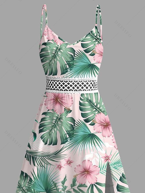 Robe de vacances imprimée de fleurs d'hibiscus et de feuilles, fendue et ajourée - Rose XXL | US 14