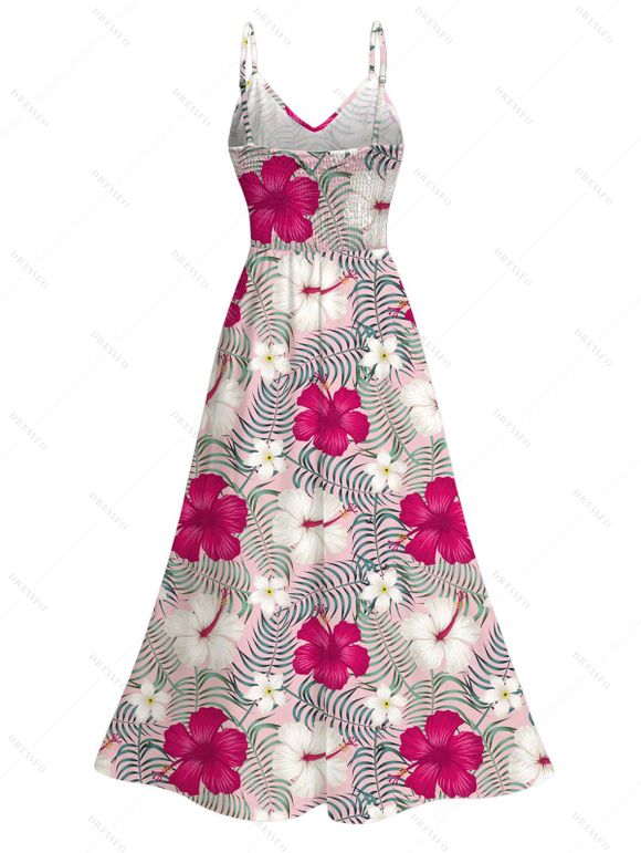 Robe de vacances imprimée de feuilles d'hibiscus, robe fendue et ajourée - Rose Vif XXL | US 14