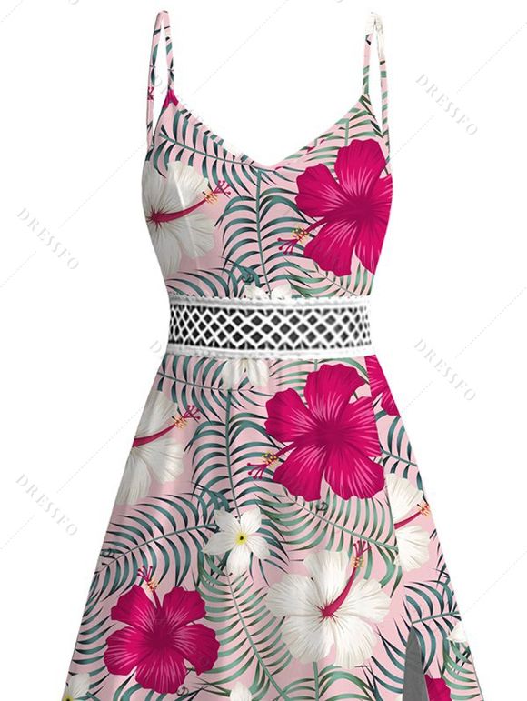 Robe de vacances imprimée de feuilles d'hibiscus, robe fendue et ajourée - Rose Vif XXL | US 14