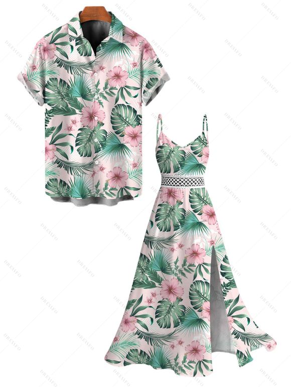 Vacation Couple Outfit Hibiscus Flower Leaf Print Slit Dress and Shirt Set - Rose S | US 4