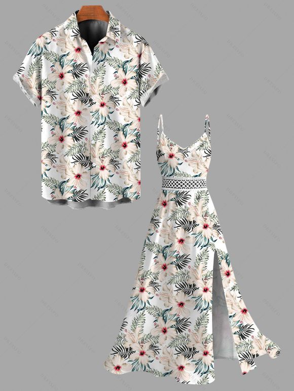 Couple Outfit for Vacation Hibiscus Floral Leaf Print Slit Dress and Shirt Set - Vert clair S | US 4