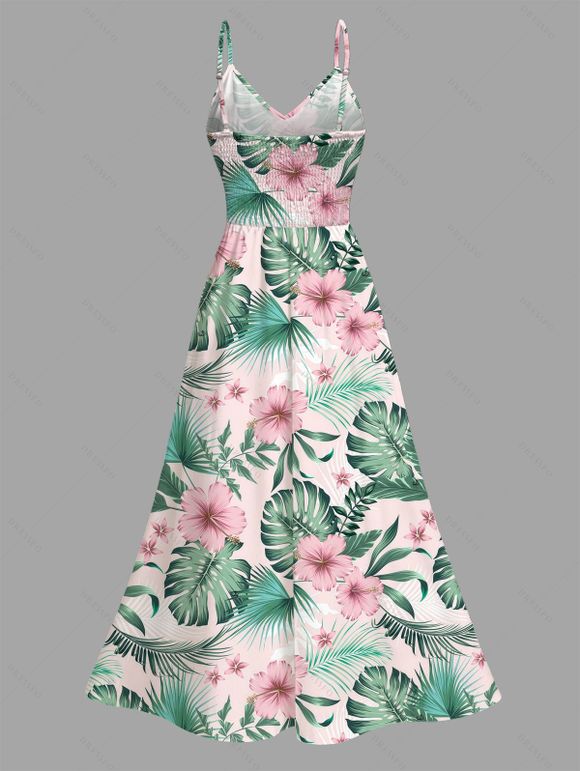 Vacation Couple Outfit Hibiscus Flower Leaf Print Slit Dress and Shirt Set - Rose S | US 4