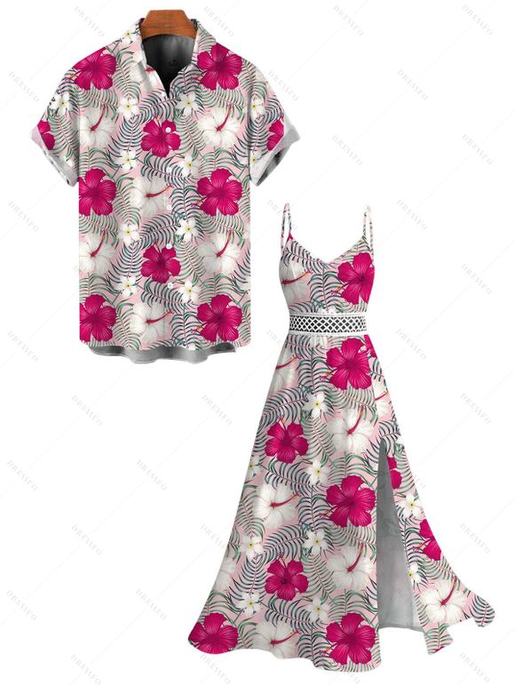Vacation Couple Outfit Leaf Hibiscus Floral Print Slit Dress and Shirt Set - Rose Vif S | US 4
