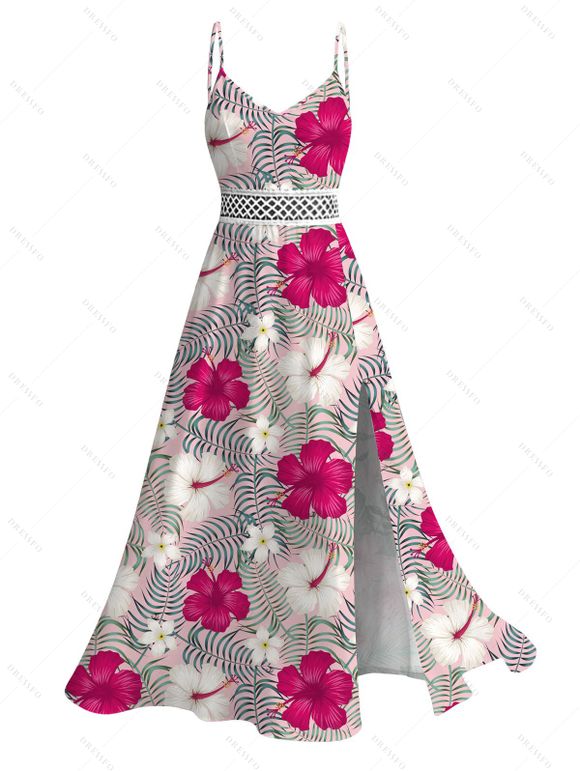 Vacation Couple Outfit Leaf Hibiscus Floral Print Slit Dress and Shirt Set - Rose Vif S | US 4