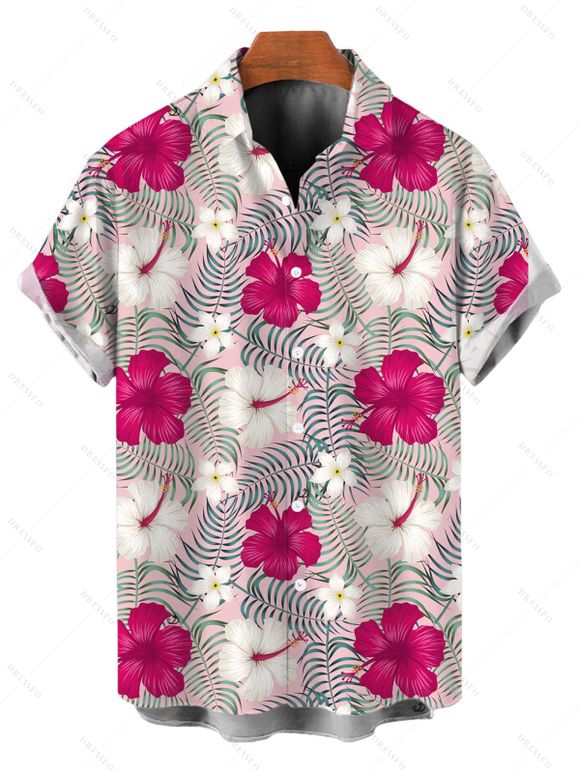 Vacation Couple Outfit Leaf Hibiscus Floral Print Slit Dress and Shirt Set - Rose Vif S | US 4