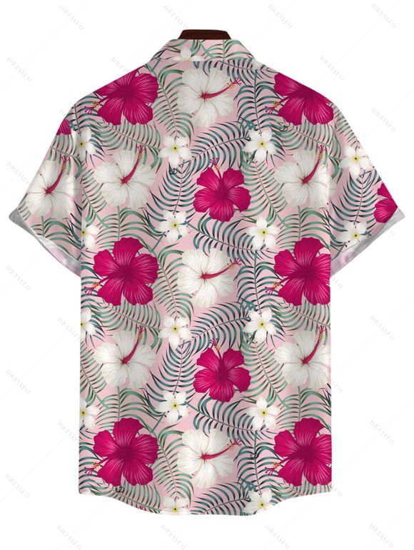 Vacation Couple Outfit Leaf Hibiscus Floral Print Slit Dress and Shirt Set - Rose Vif S | US 4