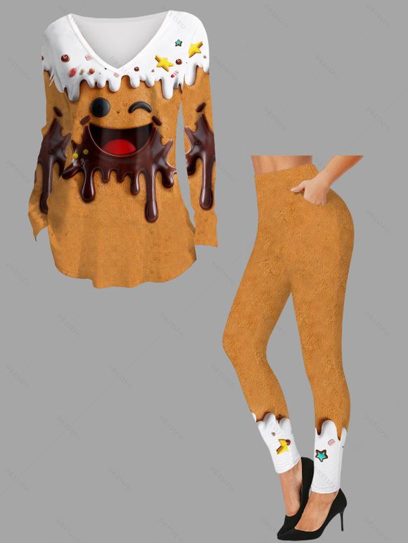 Winter Outfit Colorblock 3D Smiling Print V Neck Top and Leggings Set - Deep Yellow S | US 4