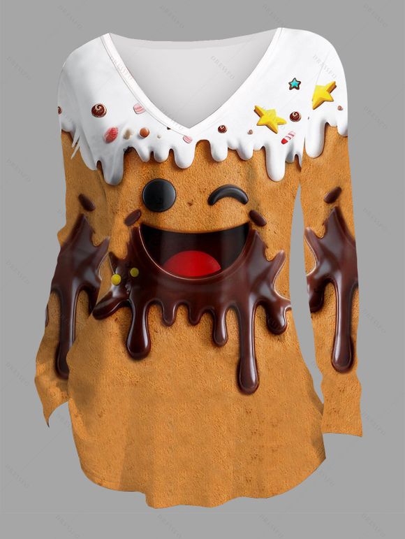 Winter Outfit Colorblock 3D Smiling Print V Neck Top and Leggings Set - Deep Yellow S | US 4