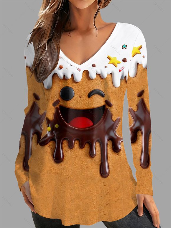 Winter Outfit Colorblock 3D Smiling Print V Neck Top and Leggings Set - Deep Yellow S | US 4