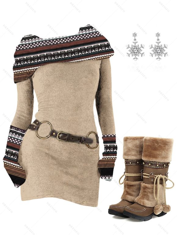 Ethnic Women Outfit Skew Neck O Ring Knitted Dress and Earrings Boots Set - café lumière S | US 4