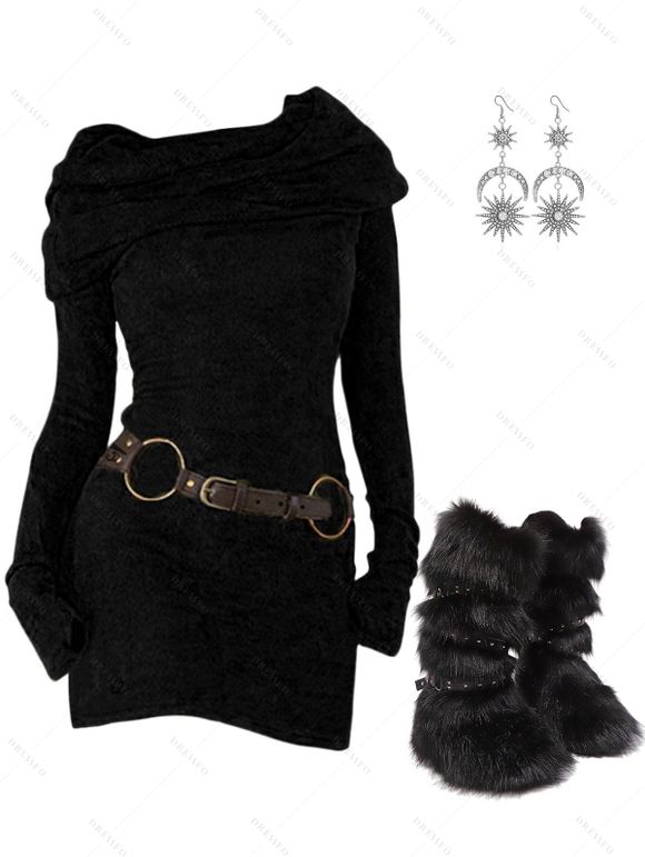 Winter Outfit Cowl Neck Hooded Belted Knit Sweater and Earrings Boots Set - Noir S | US 4