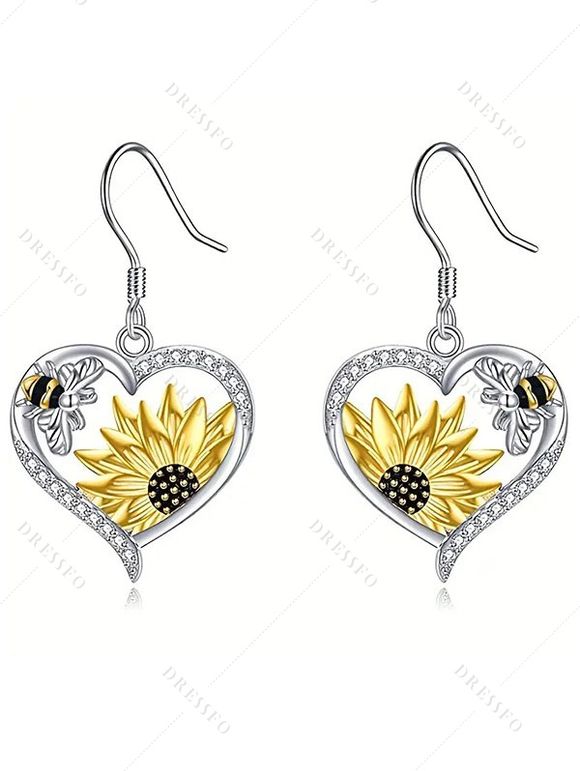 Boucles d'oreilles bohèmes en strass, cœur, tournesol, abeille, pendantes - Argent 