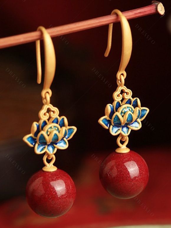 Boucles d'oreilles vintage Lotus Floral Cercle Rétro Pendantes - Rouge 