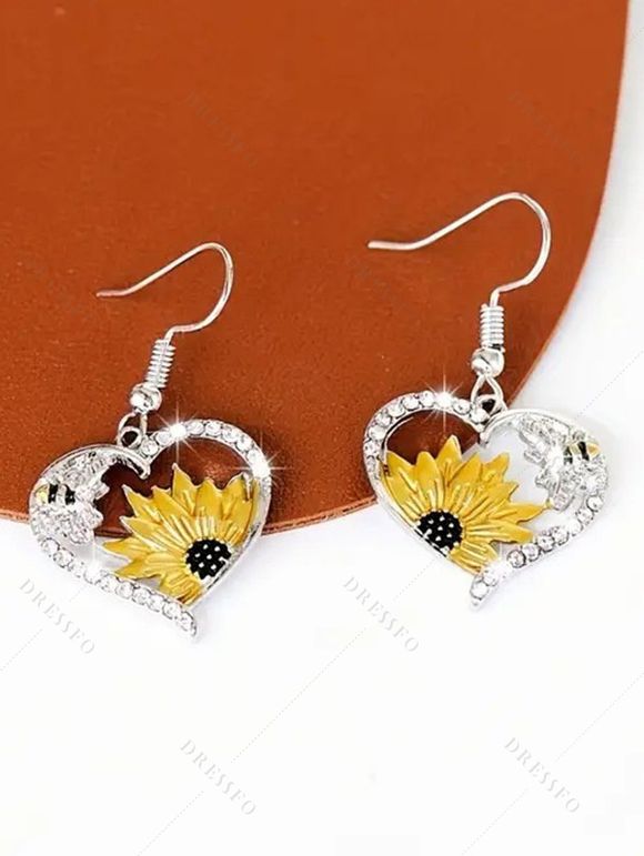 Boucles d'oreilles bohèmes en strass, cœur, tournesol, abeille, pendantes - Argent 