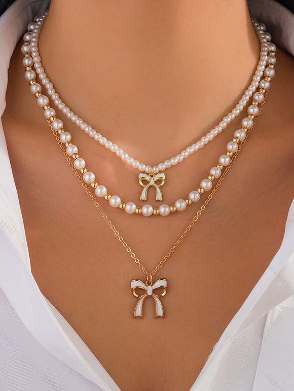 Ensemble de 3 colliers superposés avec pendentif nœud papillon et collier de perles fantaisie - Blanc 