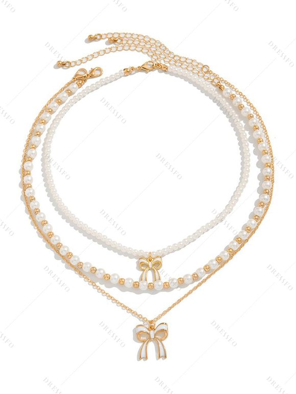 Ensemble de 3 colliers superposés avec pendentif nœud papillon et collier de perles fantaisie - Blanc 