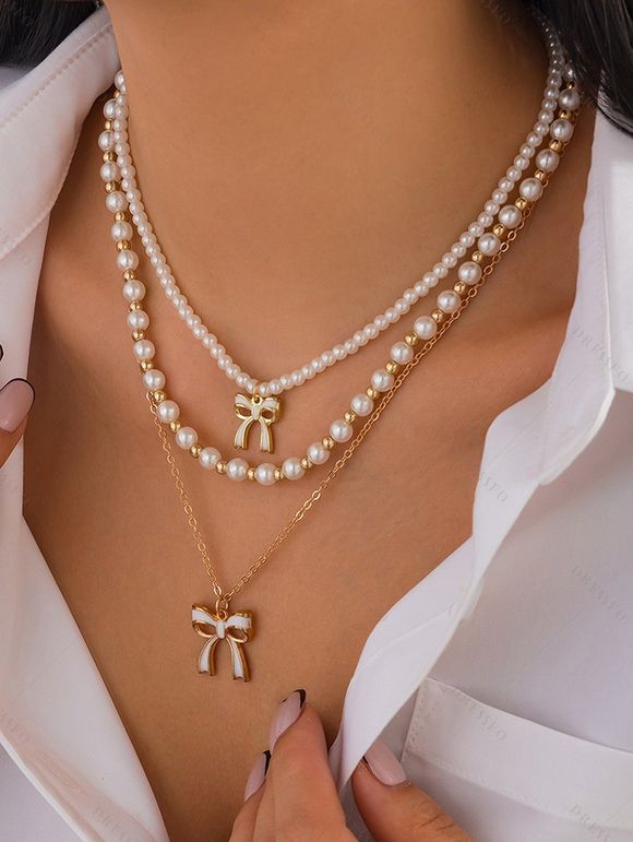 Ensemble de 3 colliers superposés avec pendentif nœud papillon et collier de perles fantaisie - Blanc 