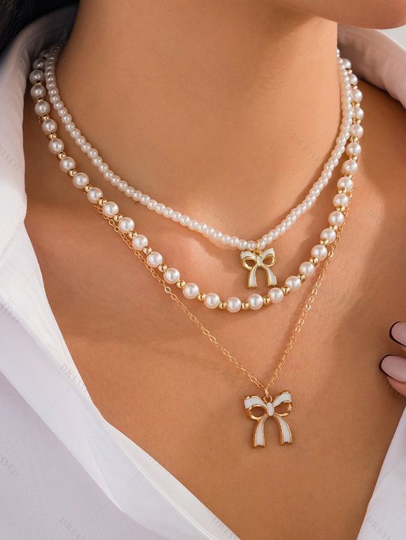 Ensemble de 3 colliers superposés avec pendentif nœud papillon et collier de perles fantaisie - Blanc 