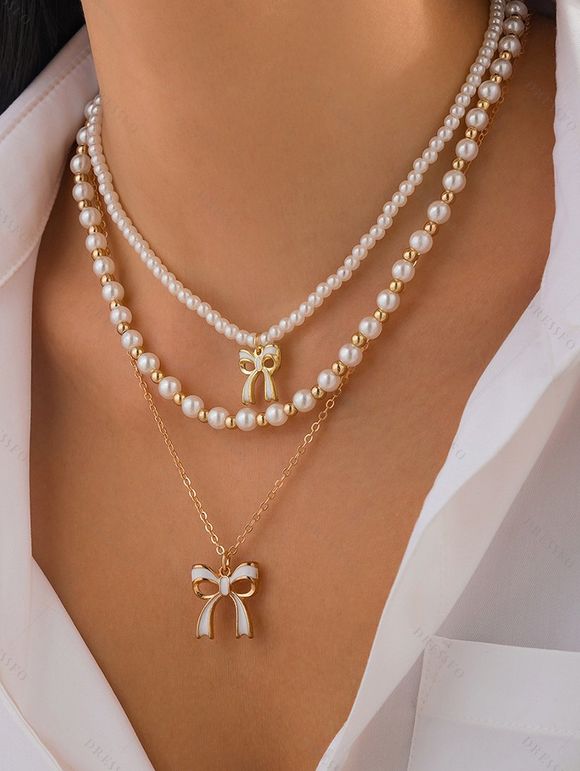 Ensemble de 3 colliers superposés avec pendentif nœud papillon et collier de perles fantaisie - Blanc 