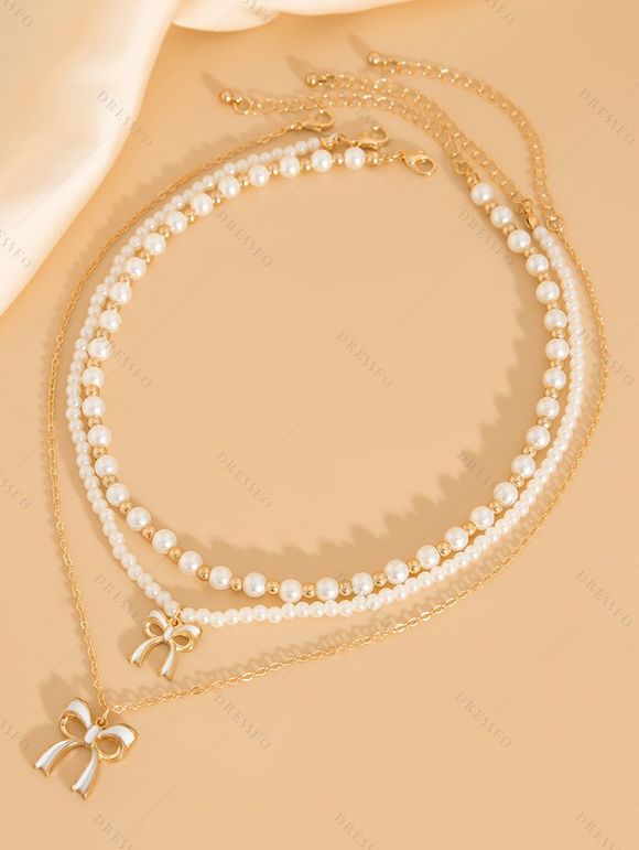 Ensemble de 3 colliers superposés avec pendentif nœud papillon et collier de perles fantaisie - Blanc 