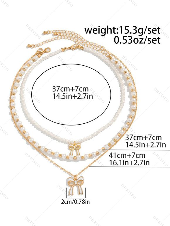 Ensemble de 3 colliers superposés avec pendentif nœud papillon et collier de perles fantaisie - Blanc 