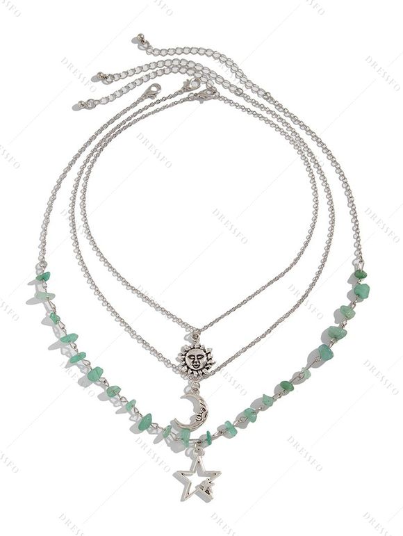Ensemble de 3 colliers vintage avec pendentif soleil, lune et étoile, et pierres irrégulières. - Argent 
