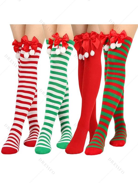 4 paires de bas de Noël à rayures avec nœud papillon, longueur genou - multicolor A 