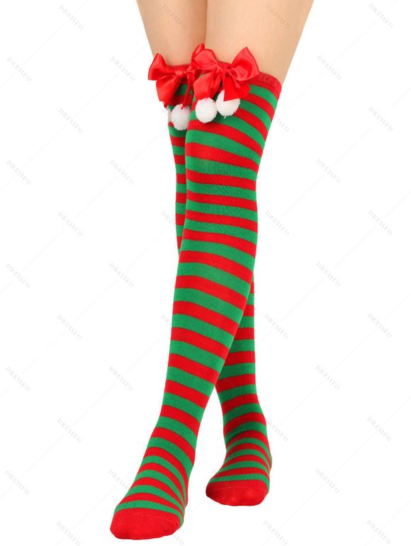 4 paires de bas de Noël à rayures avec nœud papillon, longueur genou - multicolor A 