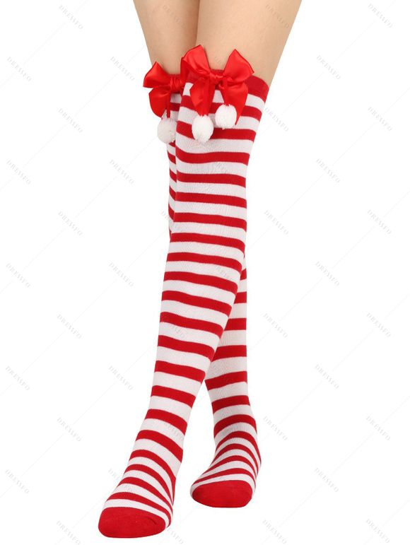 4 paires de bas de Noël à rayures avec nœud papillon, longueur genou - multicolor A 