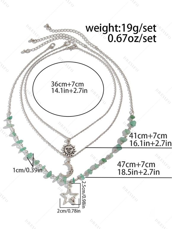 Ensemble de 3 colliers vintage avec pendentif soleil, lune et étoile, et pierres irrégulières. - Argent 