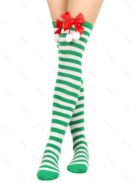 4 paires de bas de Noël à rayures avec nœud papillon, longueur genou - multicolor A 